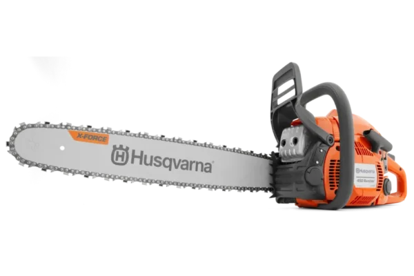 Meet the Husqvarna 450 Rancher Gas Chainsaw: 18-inch bar for superior cutting power, perfect for landowners seeking robust performance and durability.